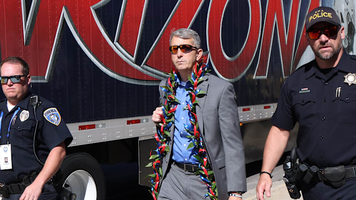 Oct 12, 2024; Provo, Utah, USA; Arizona Wildcats head coach Brent Brennan arrives before the game against the Brigham Young Cougars at LaVell Edwards Stadium. Mandatory Credit: Rob Gray-Imagn Images