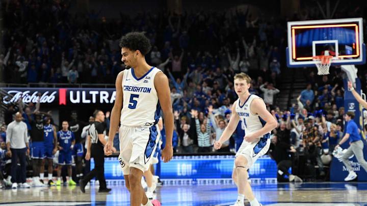 Creighton Bluejays guard Nik Graves (5) and guard Josh Dix (4) react after the win against the Seton Hall Pirates at CHI Health Center Omaha. Creighton Bluejays guard Nik Graves (5) and guard Josh Dix (4) react after the win against the Seton Hall Pirates at CHI Health Center Omaha.