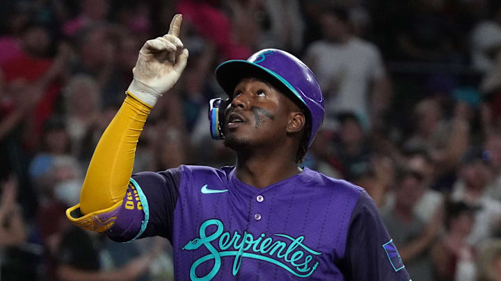 Jun 27, 2025; Phoenix, Arizona, USA; Arizona Diamondbacks shortstop Geraldo Perdomo (2) reacts after hitting a two RBI home run against the Miami Marlins in the fifth inning at Chase Field. Mandatory Credit: Rick Scuteri-Imagn Images Jun 27, 2025; Phoenix, Arizona, USA; Arizona Diamondbacks shortstop Geraldo Perdomo (2) reacts after hitting a two RBI home run against the Miami Marlins in the fifth inning at Chase Field. Mandatory Credit: Rick Scuteri-Imagn Images
