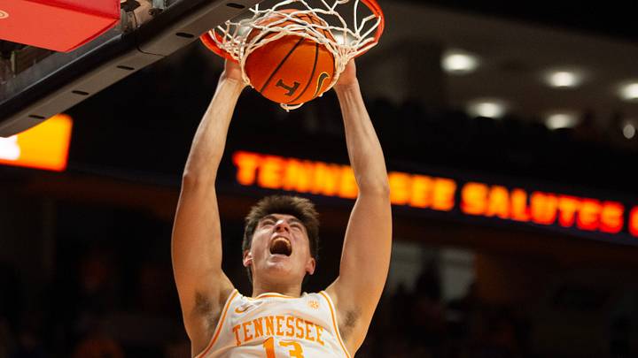 Tennessee's J.P. Estrella (13) scores in the final moments of the NCAA basketball game against Florida on Tuesday, January 16, 2024 in Knoxville, Tenn.