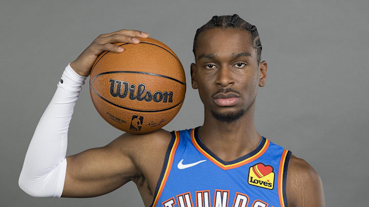 Oct 2, 2023; Oklahoma City, OK, USA; Oklahoma City Thunder guard Shai Gilgeous-Alexander (2) poses for a photo during media day at Oklahoma City Convention Center. Mandatory Credit: Alonzo Adams-Imagn Images Oct 2, 2023; Oklahoma City, OK, USA; Oklahoma City Thunder guard Shai Gilgeous-Alexander (2) poses for a photo during media day at Oklahoma City Convention Center. Mandatory Credit: Alonzo Adams-Imagn Images