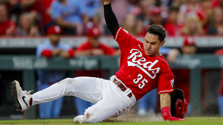 Sep 9, 2023; Cincinnati, Ohio, USA; Cincinnati Reds second baseman Alejo Lopez (35) scores on a RBI single hit by center fielder Harrison Bader (not pictured) in the second inning against the St. Louis Cardinals at Great American Ball Park. Mandatory Credit: Katie Stratman-Imagn Images