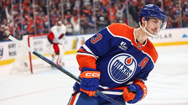October 22, 2026: Ryan Nugent-Hopkins (#93) celebrates after scoring in the shootout against Brandon Bussi in the Oilers' 6-5 victory over the Carolina Hurricanes at Rogers Place in Edmonton, Alberta, Canada.