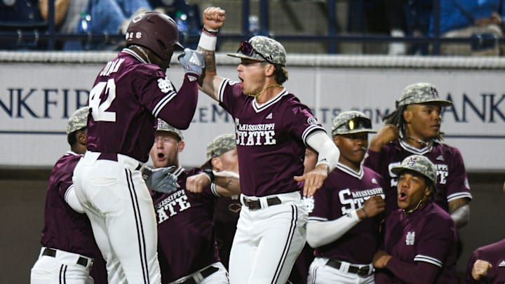 Mississippi State outfielder Dakota Jordan (42) hits a two run home run against Ole Miss in the 6th