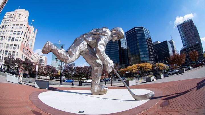 General view of a statue outside of the arena before a game between the New Jersey Devils and the Pittsburgh Penguins at Prudential Center. Mandatory Credit: John Jones-Imagn Images