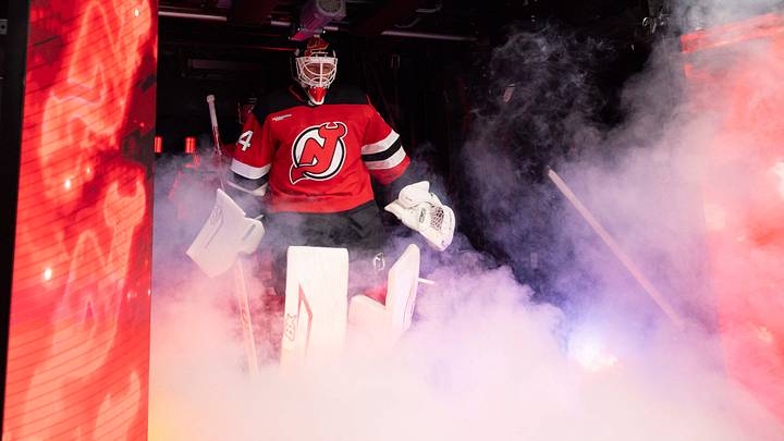 New Jersey Devils goaltender Jake Allen (34) makes his entrance to the ice at Prudential Center: Luther Schlaifer-Imagn Images