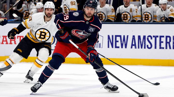 Apr 12, 2026; Columbus, Ohio, USA; Columbus Blue Jackets center Adam Fantilli (19) looks to pass as Boston Bruins center Mark Kastelic (47) trails the play during the first period at Nationwide Arena. Mandatory Credit: Russell LaBounty-Imagn Images Apr 12, 2026; Columbus, Ohio, USA; Columbus Blue Jackets center Adam Fantilli (19) looks to pass as Boston Bruins center Mark Kastelic (47) trails the play during the first period at Nationwide Arena. Mandatory Credit: Russell LaBounty-Imagn Images