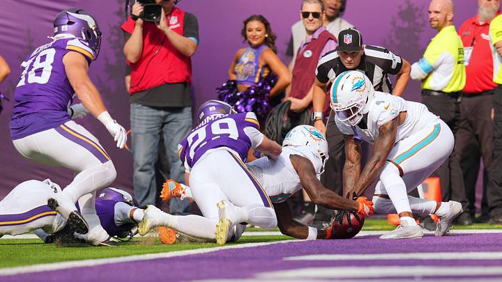 Miami Dolphins wide receiver Malik Washington (6) recovers a kickoff in the endzone for a touchback during the first quarter against the Minnesota Vikings at U.S. Bank Stadium. Miami Dolphins wide receiver Malik Washington (6) recovers a kickoff in the endzone for a touchback during the first quarter against the Minnesota Vikings at U.S. Bank Stadium.