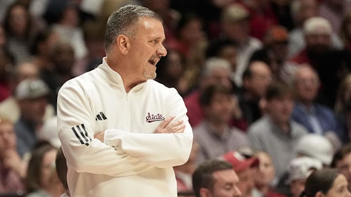 Feb 25, 2025; Tuscaloosa, AL, USA;  Mississippi State head coach Chris Jans  coaches his team against Alabama at Coleman Coliseum. Mandatory Credit: Gary Cosby Jr.-Tuscaloosa News