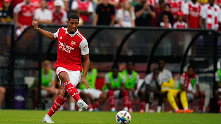 Jul 16, 2022; Baltimore, Maryland, USA; Arsenal's William Saliba passes during the Charm City International Friendly at M&T Stadium.  Arsenal defeated Everton 2-0. Mandatory Credit: Tommy Gilligan-Imagn Images