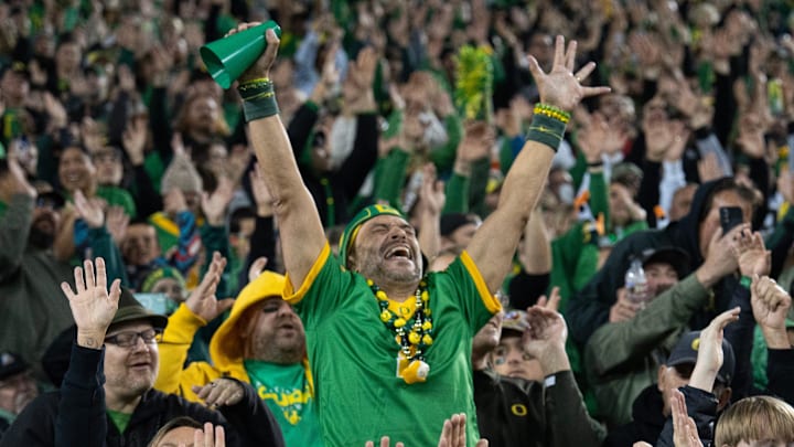 Oregon fans cheer for the Ducks during the game against Maryland at Autzen Stadium Saturday, Nov. 9, 2024.