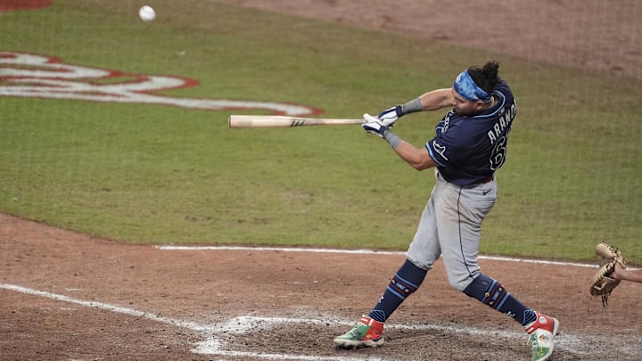 Cumberland, Georgia, USA; American League infielder Jonathan Aranda (62) of the Tampa Bay Rays hits a home run in the swing off after the 2025 MLB All-Star Game ended in a tie at Truist Park. Cumberland, Georgia, USA; American League infielder Jonathan Aranda (62) of the Tampa Bay Rays hits a home run in the swing off after the 2025 MLB All-Star Game ended in a tie at Truist Park.