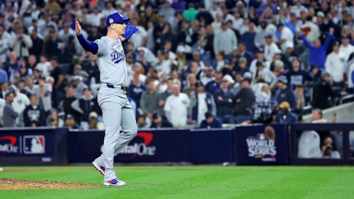 Oct 30, 2024; New York, New York, USA; Los Angeles Dodgers pitcher Walker Buehler (21) celebrates after beating the New York Yankees in game four to win the 2024 MLB World Series at Yankee Stadium. Oct 30, 2024; New York, New York, USA; Los Angeles Dodgers pitcher Walker Buehler (21) celebrates after beating the New York Yankees in game four to win the 2024 MLB World Series at Yankee Stadium.