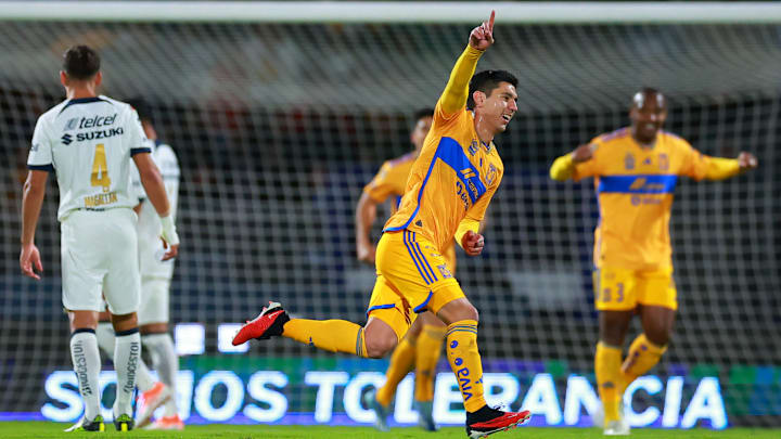 Jesús Angulo reacts after giving the defending champion Tigres a 1-0 lead in their semifinal series against UNAM.