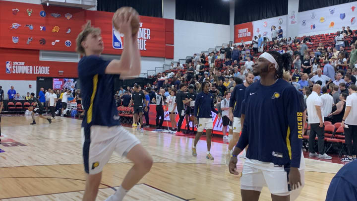 Indiana Pacers forwards Jarace Walker and Johnny Furphy warm up before taking on the Brooklyn Nets in a summer league game on July 12, 2024. (Mandatory photo credit: Tony East)