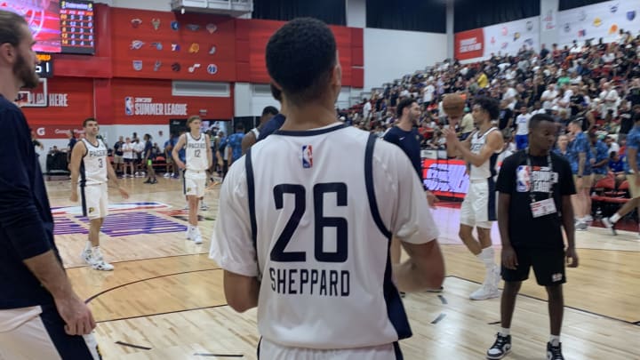 Indiana Pacers wing Ben Sheppard warms up at halftime for a 2024 summer league game. (Mandatory Photo Credit: Tony East)