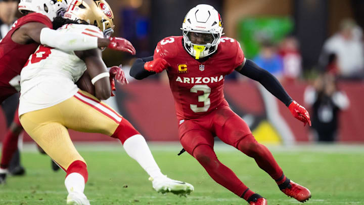 Jan 5, 2025; Glendale, Arizona, USA; Arizona Cardinals safety Budda Baker (3) against the San Francisco 49ers at State Farm Stadium. Mandatory Credit: Mark J. Rebilas-Imagn Images
