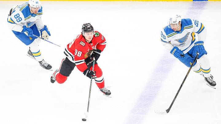 Apr 11, 2026; Chicago, Illinois, USA; Chicago Blackhawks center Connor Bedard (98) looks to pass the puck against the St. Louis Blues during the second period at United Center. Mandatory Credit: Kamil Krzaczynski-Imagn Images Apr 11, 2026; Chicago, Illinois, USA; Chicago Blackhawks center Connor Bedard (98) looks to pass the puck against the St. Louis Blues during the second period at United Center. Mandatory Credit: Kamil Krzaczynski-Imagn Images