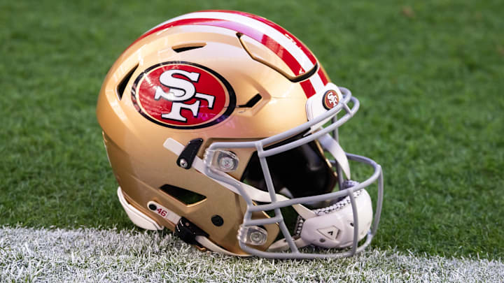 Jan 5, 2025; Glendale, Arizona, USA; Detailed view of a San Francisco 49ers helmet at State Farm Stadium. Mandatory Credit: Mark J. Rebilas-Imagn Images
