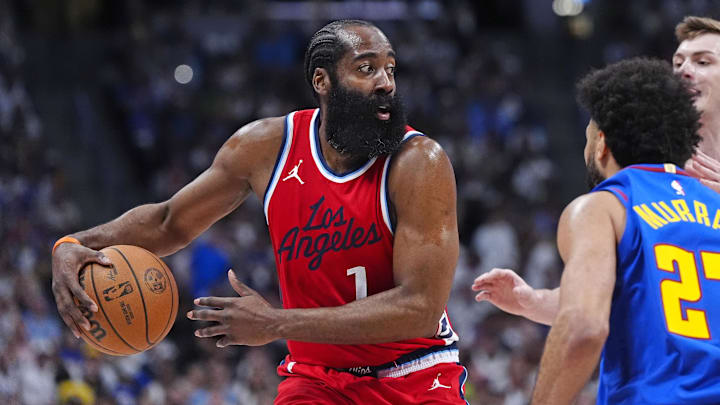 May 3, 2025; Denver, Colorado, USA; LA Clippers guard James Harden (1) prepares to pass the ball in the second quarter against the Denver Nuggets during game seven of first round for the 2025 NBA Playoffs at Ball Arena. Mandatory Credit: Ron Chenoy-Imagn Images May 3, 2025; Denver, Colorado, USA; LA Clippers guard James Harden (1) prepares to pass the ball in the second quarter against the Denver Nuggets during game seven of first round for the 2025 NBA Playoffs at Ball Arena. Mandatory Credit: Ron Chenoy-Imagn Images