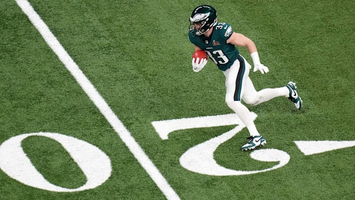 Feb 9, 2025; New Orleans, LA, USA; Philadelphia Eagles cornerback Cooper DeJean (33) returns a punt return against the Kansas City Chiefs during the first quarter in Super Bowl LIX at Caesars Superdome. Mandatory Credit: Kirby Lee-Imagn Images