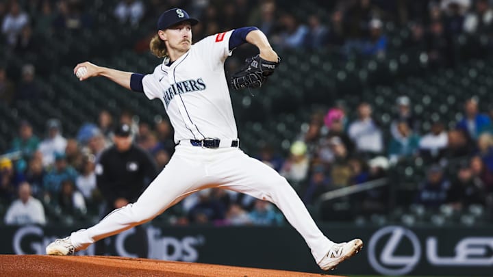 Seattle Mariners pitcher Bryce Miller throws during a game against the Los Angeles Angels on April 29 at T-Mobile Park.