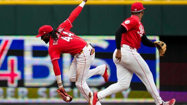 Cincinnati Reds shortstop Elly de la Cruz (44) fields ground ball off the bat of Colorado Rockies third baseman Kyle Karros (12) for an out in the second inning of the MLB National League game between the Cincinnati Reds and the Colorado Rockies.