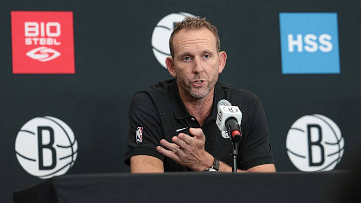 Sep 26, 2022; Brooklyn, NY, USA; Brooklyn Nets general manager Sean Marks talks to the media during media day at HSS Training Center. Mandatory Credit: Vincent Carchietta-Imagn Images