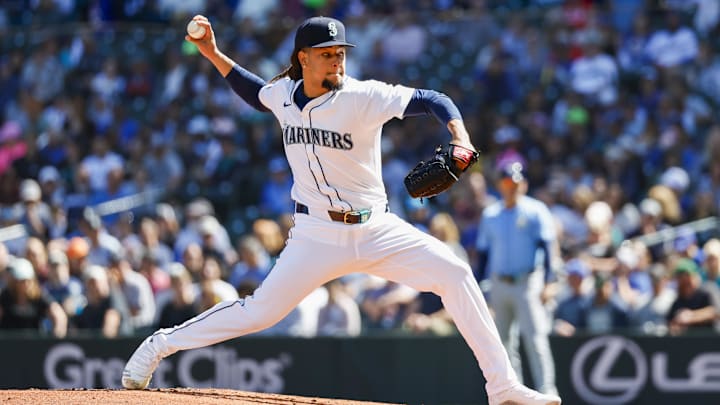 Aug 28, 2024; Seattle, Washington, USA; Seattle Mariners starting pitcher Luis Castillo (58) throws against the Tampa Bay Rays during the second inning at T-Mobile Park. 