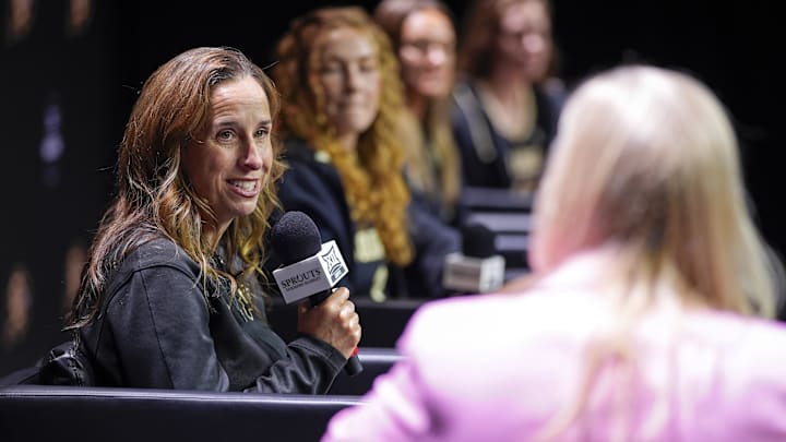 Oct 22, 2024; Kansas City, MO, USA; Colorado Buffaloes head coach JR Payne talks to media during the Big 12 Women’s Basketball Media Day at T-Mobile Center.