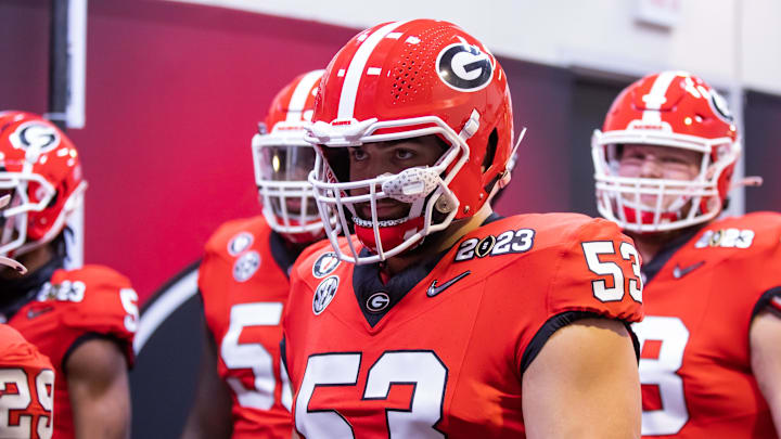 Jan 9, 2023; Inglewood, CA, USA; Georgia Bulldogs offensive lineman Dylan Fairchild (53) against the TCU Horned Frogs during the CFP national championship game at SoFi Stadium. Mandatory Credit: Mark J. Rebilas-Imagn Images