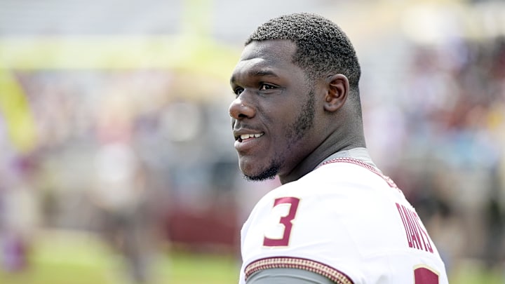 Apr 20, 2024; Tallahassee, Florida, USA; Florida State Seminoles running back Kam Davis (3) during the Spring Showcase at Doak S. Campbell Stadium. Mandatory Credit: Melina Myers-Imagn Images