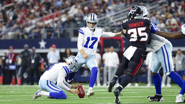 Dallas Cowboys place kicker Brandon Aubrey attempts a field goal against the Houston Texans.