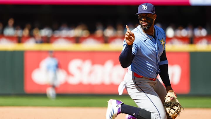 Tampa Bay Rays first baseman Yandy Diaz catches a line drive against the Seattle Mariners on Aug. 28 at T-Mobile Park.
