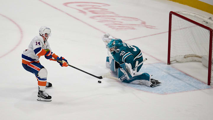 Mar 7, 2026; San Jose, California, USA; New York Islanders center Bo Horvat (14) scores the game-winning goal against San Jose Sharks goaltender Yaroslav Askarov (30) in the overtime period at SAP Center at San Jose. Mandatory Credit: Robert Edwards-Imagn Images Mar 7, 2026; San Jose, California, USA; New York Islanders center Bo Horvat (14) scores the game-winning goal against San Jose Sharks goaltender Yaroslav Askarov (30) in the overtime period at SAP Center at San Jose. Mandatory Credit: Robert Edwards-Imagn Images