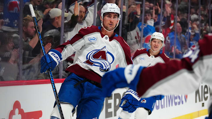 Dec 29, 2025; Denver, Colorado, USA; Colorado Avalanche center Brock Nelson (11) celebrates his goal in the second period against the Los Angeles Kings at Ball Arena. Mandatory Credit: Ron Chenoy-Imagn Images