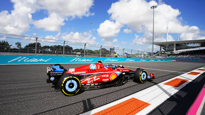 May 3, 2024; Miami Gardens, Florida, USA; Ferrari driver Carlos Sainz (55) races out of turn 17