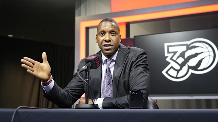 Sep 30, 2024; Toronto, Ontario, Canada; Toronto Raptors Vice-Chairman and Team President Masai Ujiri addresses the media at Scotiabank Area. Mandatory Credit: John E. Sokolowski-Imagn Images