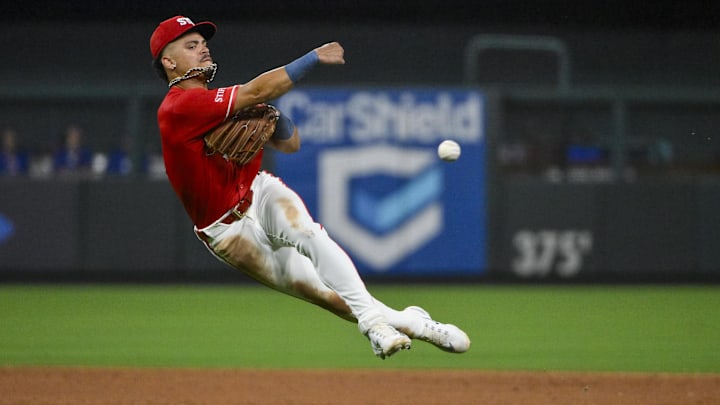 Aug 8, 2025; St. Louis, Missouri, USA; St. Louis Cardinals shortstop Masyn Winn (0) throws on the run but is able to throw out Chicago Cubs left fielder Ian Happ (not pictured) during the sixth inning at Busch Stadium. Mandatory Credit: Jeff Curry-Imagn Images Aug 8, 2025; St. Louis, Missouri, USA; St. Louis Cardinals shortstop Masyn Winn (0) throws on the run but is able to throw out Chicago Cubs left fielder Ian Happ (not pictured) during the sixth inning at Busch Stadium. Mandatory Credit: Jeff Curry-Imagn Images