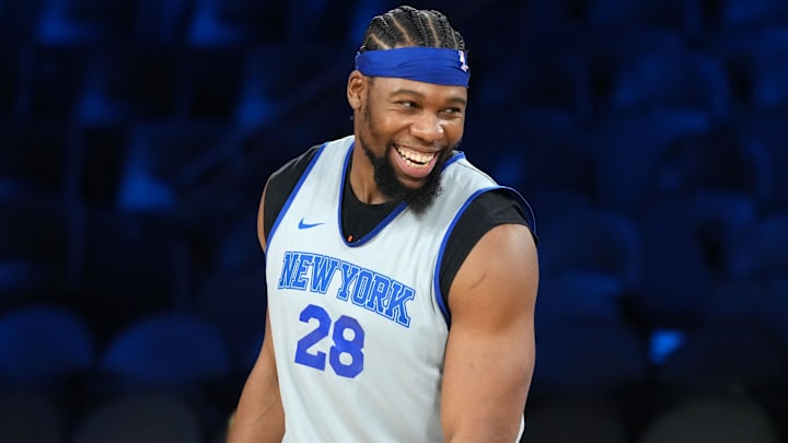 Dec 12, 2025; Las Vegas, NV, USA; New York Knicks forward Guerschon Yabusele (28) reacts during practice prior to the Emirates Cup semifinals at T-Mobile Arena. Mandatory Credit: Kirby Lee-Imagn Images Dec 12, 2025; Las Vegas, NV, USA; New York Knicks forward Guerschon Yabusele (28) reacts during practice prior to the Emirates Cup semifinals at T-Mobile Arena. Mandatory Credit: Kirby Lee-Imagn Images