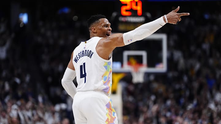 Apr 29, 2025; Denver, Colorado, USA; Denver Nuggets guard Russell Westbrook (4) reacts in the fourth quarter against the LA Clippers during game five of the first round for the 2025 NBA Playoffs at Ball Arena. Mandatory Credit: Ron Chenoy-Imagn Images Apr 29, 2025; Denver, Colorado, USA; Denver Nuggets guard Russell Westbrook (4) reacts in the fourth quarter against the LA Clippers during game five of the first round for the 2025 NBA Playoffs at Ball Arena. Mandatory Credit: Ron Chenoy-Imagn Images