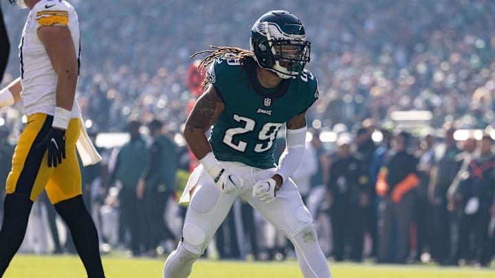 Oct 30, 2022; Philadelphia, Pennsylvania, USA; Philadelphia Eagles cornerback Avonte Maddox (29) reacts after a defensive stop against the Pittsburgh Steelers during the second quarter at Lincoln Financial Field. Mandatory Credit: Bill Streicher-USA TODAY Sports Oct 30, 2022; Philadelphia, Pennsylvania, USA; Philadelphia Eagles cornerback Avonte Maddox (29) reacts after a defensive stop against the Pittsburgh Steelers during the second quarter at Lincoln Financial Field. Mandatory Credit: Bill Streicher-USA TODAY Sports