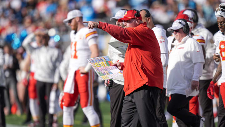 Nov 24, 2024; Charlotte, North Carolina, USA;  Kansas City Chiefs head coach Andy Reid yells out to his offense during the second quarter against the Carolina Panthers at Bank of America Stadium. Mandatory Credit: Jim Dedmon-Imagn Images