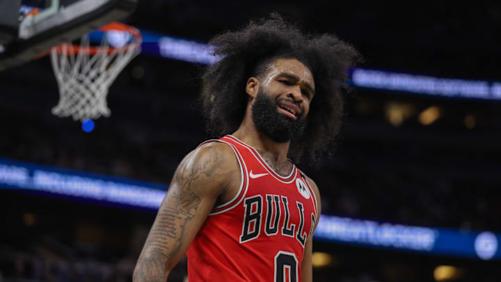 Mar 6, 2025; Orlando, Florida, USA; Chicago Bulls guard Coby White (0) reacts after a play against the Orlando Magic in the third quarter at Kia Center. Mandatory Credit: Nathan Ray Seebeck-Imagn Images