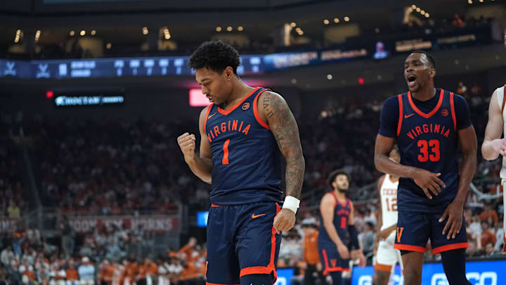 Dec 3, 2025; Austin, Texas, USA; Virginia Cavaliers guard Mark Thomas (1) reacts to a basket during the second half against the Texas Longhorns at Moody Center. Mandatory Credit: Dustin Safranek-Imagn Images