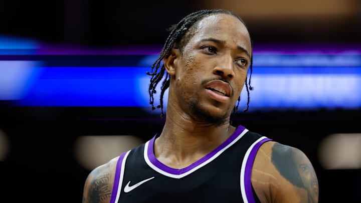 Apr 16, 2025; Sacramento, California, USA; Sacramento Kings forward DeMar DeRozan (10) looks on during the fourth quarter against the Dallas Mavericks at Golden 1 Center. Mandatory Credit: Sergio Estrada-Imagn Images