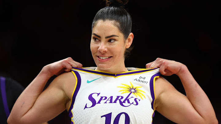 Sep 9, 2025; Phoenix, Arizona, USA; Los Angeles Sparks guard Kelsey Plum (10) against the Phoenix Mercury during a WNBA game at PHX Arena. Mandatory Credit: Mark J. Rebilas-Imagn Images