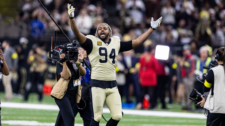 Dec 21, 2025; New Orleans, Louisiana, USA;  New Orleans Saints defensive end Cameron Jordan (94) during the run outs before the game against the New York Jets at Caesars Superdome. Mandatory Credit: Stephen Lew-Imagn Images