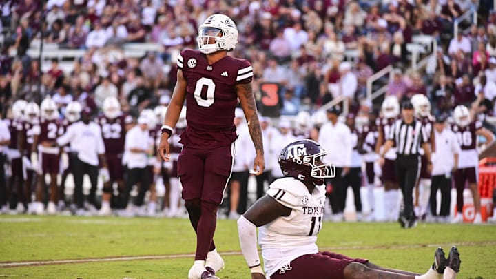 Oct 19, 2024; Starkville, Mississippi, USA; Mississippi State Bulldogs quarterback Michael Van Buren Jr. (0) reacts after a play against the Texas A&M Aggies during the third quarter at Davis Wade Stadium at Scott Field. Mandatory Credit: Matt Bush-Imagn Images