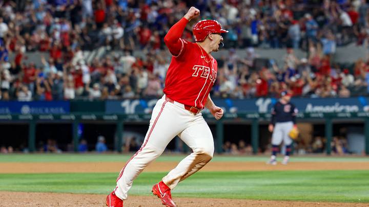Jun 5, 2026; Arlington, Texas, USA; Texas Rangers Outfielder Wyatt Langford (36) celebrates after being driven in by a home run during the sixth inning Cleveland Guardians at Globe Life Field. Mandatory Credit: Andrew Dieb-Imagn Images Jun 5, 2026; Arlington, Texas, USA; Texas Rangers Outfielder Wyatt Langford (36) celebrates after being driven in by a home run during the sixth inning Cleveland Guardians at Globe Life Field. Mandatory Credit: Andrew Dieb-Imagn Images